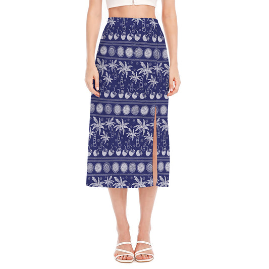 Blue Summer Coconut Pattern Print Side Slit Midi Skirt
