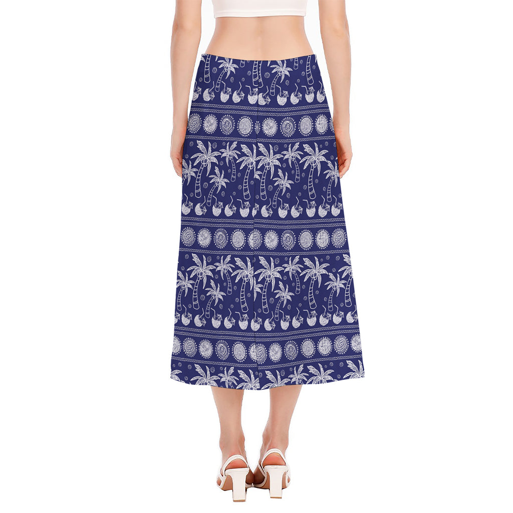 Blue Summer Coconut Pattern Print Side Slit Midi Skirt