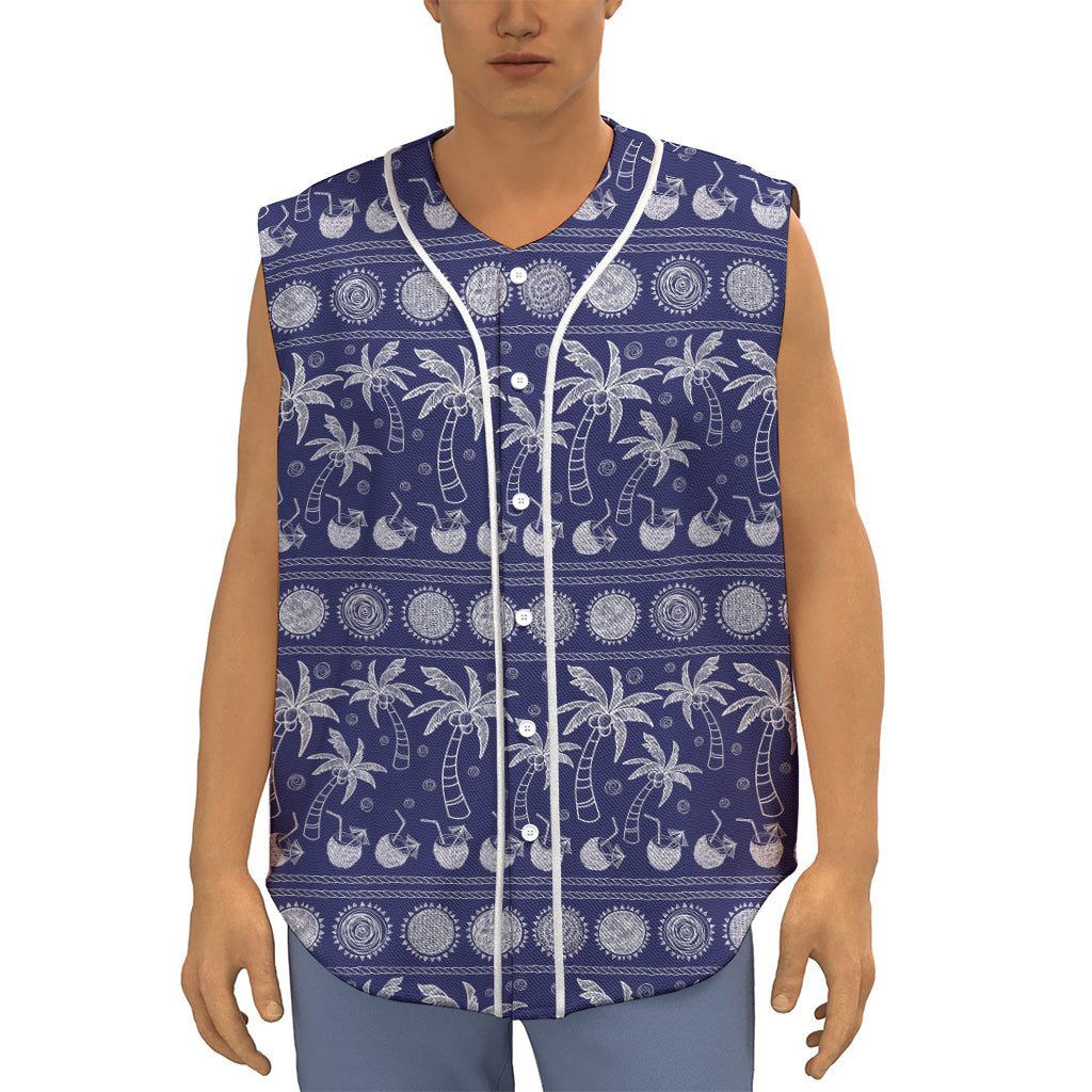 Blue Summer Coconut Pattern Print Sleeveless Baseball Jersey