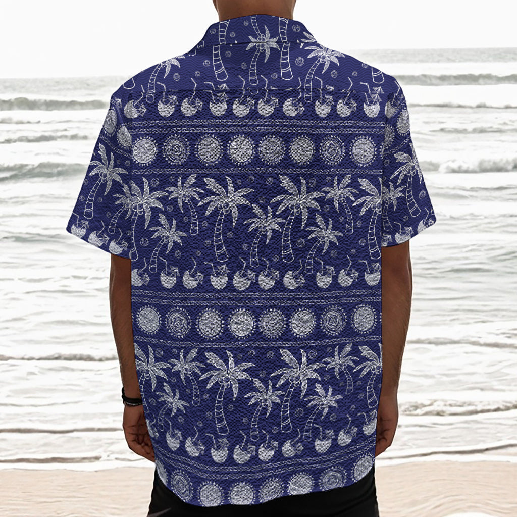 Blue Summer Coconut Pattern Print Textured Short Sleeve Shirt