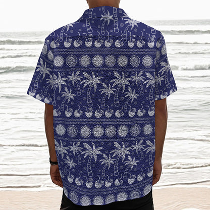 Blue Summer Coconut Pattern Print Textured Short Sleeve Shirt