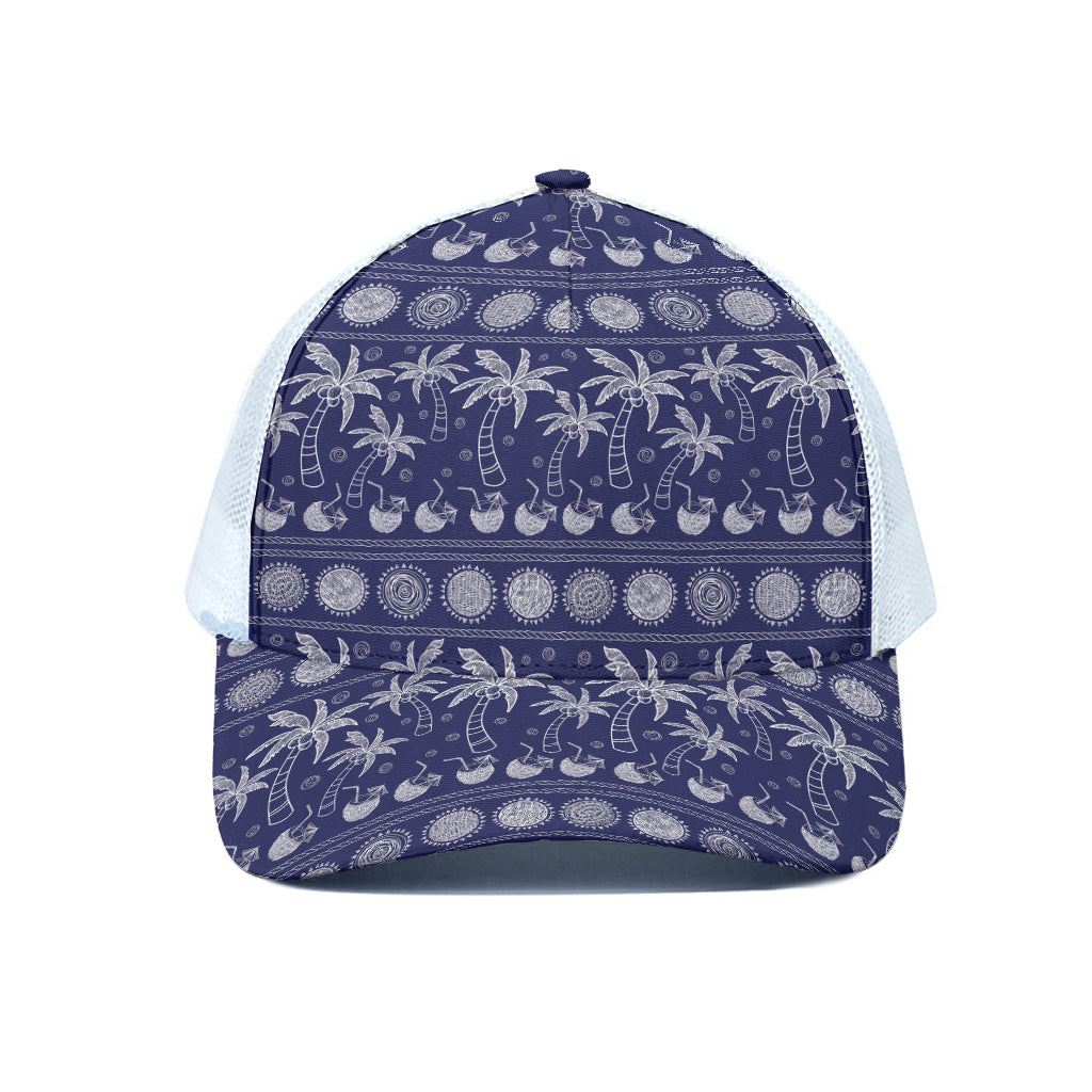 Blue Summer Coconut Pattern Print White Mesh Trucker Cap