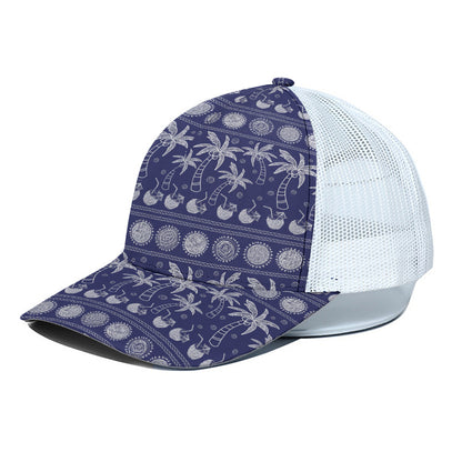 Blue Summer Coconut Pattern Print White Mesh Trucker Cap
