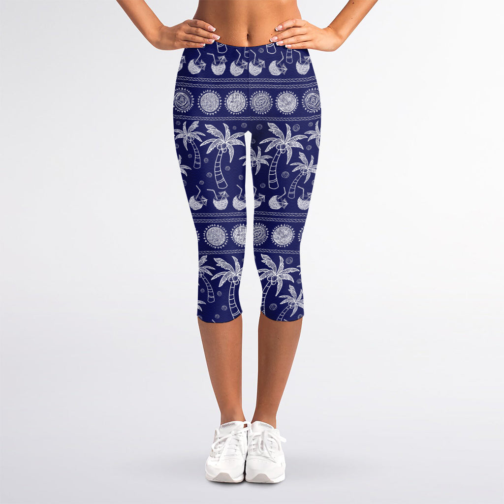 Blue Summer Coconut Pattern Print Women's Capri Leggings