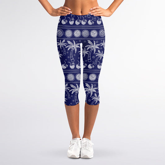 Blue Summer Coconut Pattern Print Women's Capri Leggings