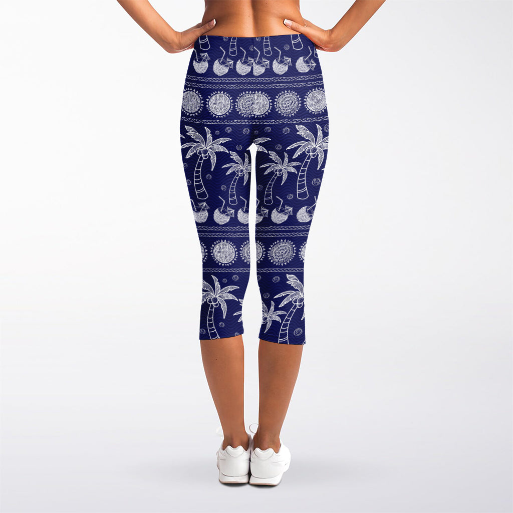 Blue Summer Coconut Pattern Print Women's Capri Leggings