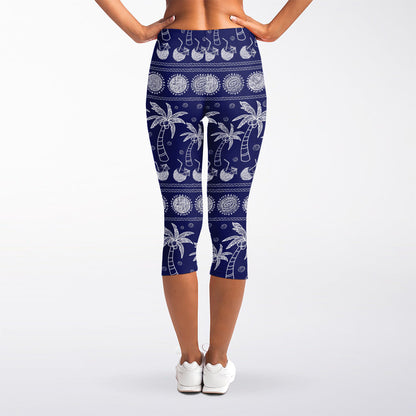 Blue Summer Coconut Pattern Print Women's Capri Leggings