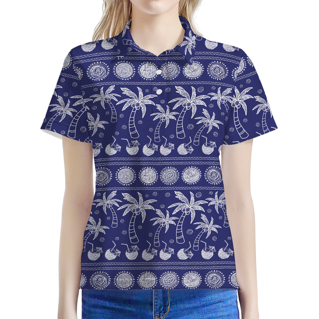 Blue Summer Coconut Pattern Print Women's Polo Shirt