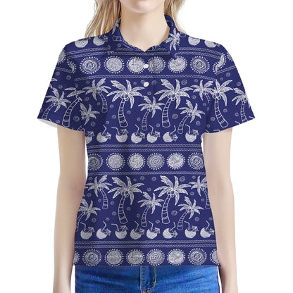 Blue Summer Coconut Pattern Print Women's Polo Shirt