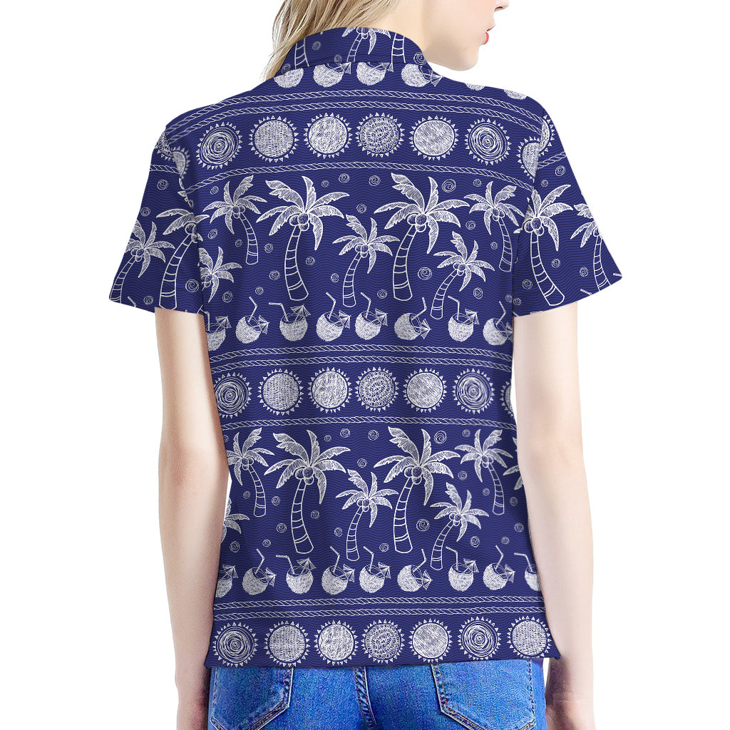 Blue Summer Coconut Pattern Print Women's Polo Shirt