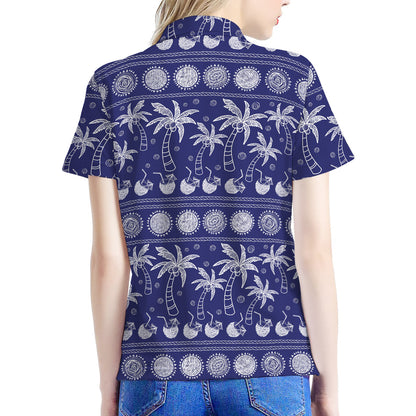 Blue Summer Coconut Pattern Print Women's Polo Shirt