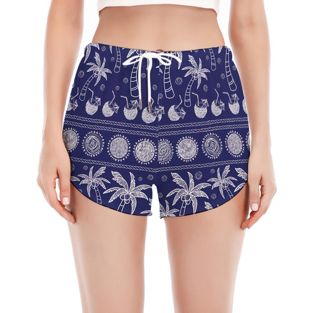 Blue Summer Coconut Pattern Print Women's Split Running Shorts