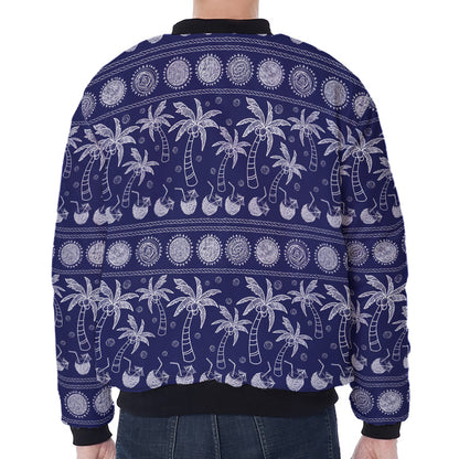 Blue Summer Coconut Pattern Print Zip Sleeve Bomber Jacket
