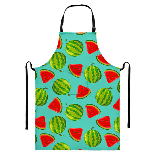 Blue Summer Watermelon Pattern Print Bib Apron With Pocket