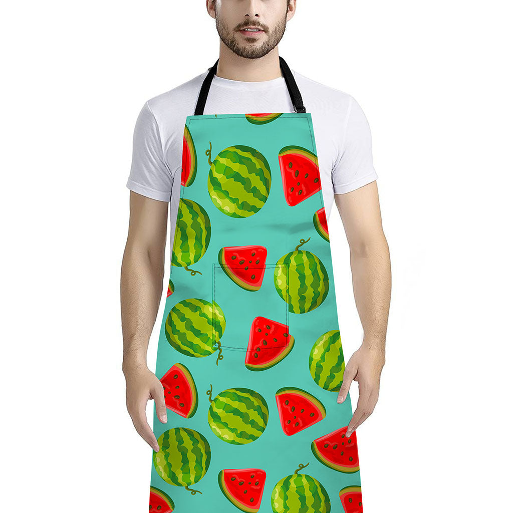 Blue Summer Watermelon Pattern Print Bib Apron With Pocket
