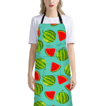 Blue Summer Watermelon Pattern Print Bib Apron With Pocket