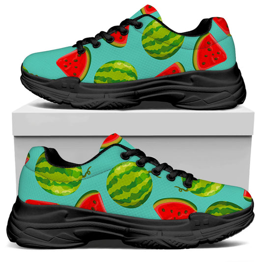 Blue Summer Watermelon Pattern Print Black Chunky Shoes
