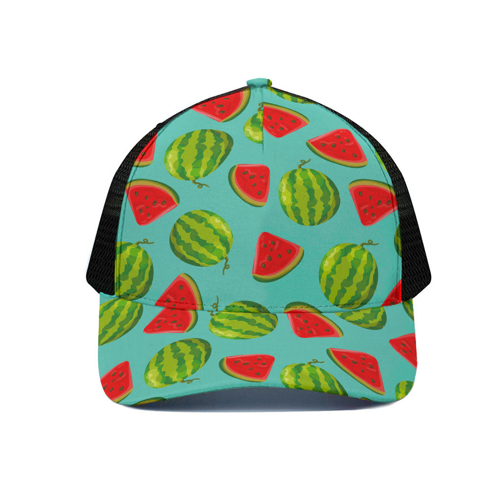 Blue Summer Watermelon Pattern Print Black Mesh Trucker Cap