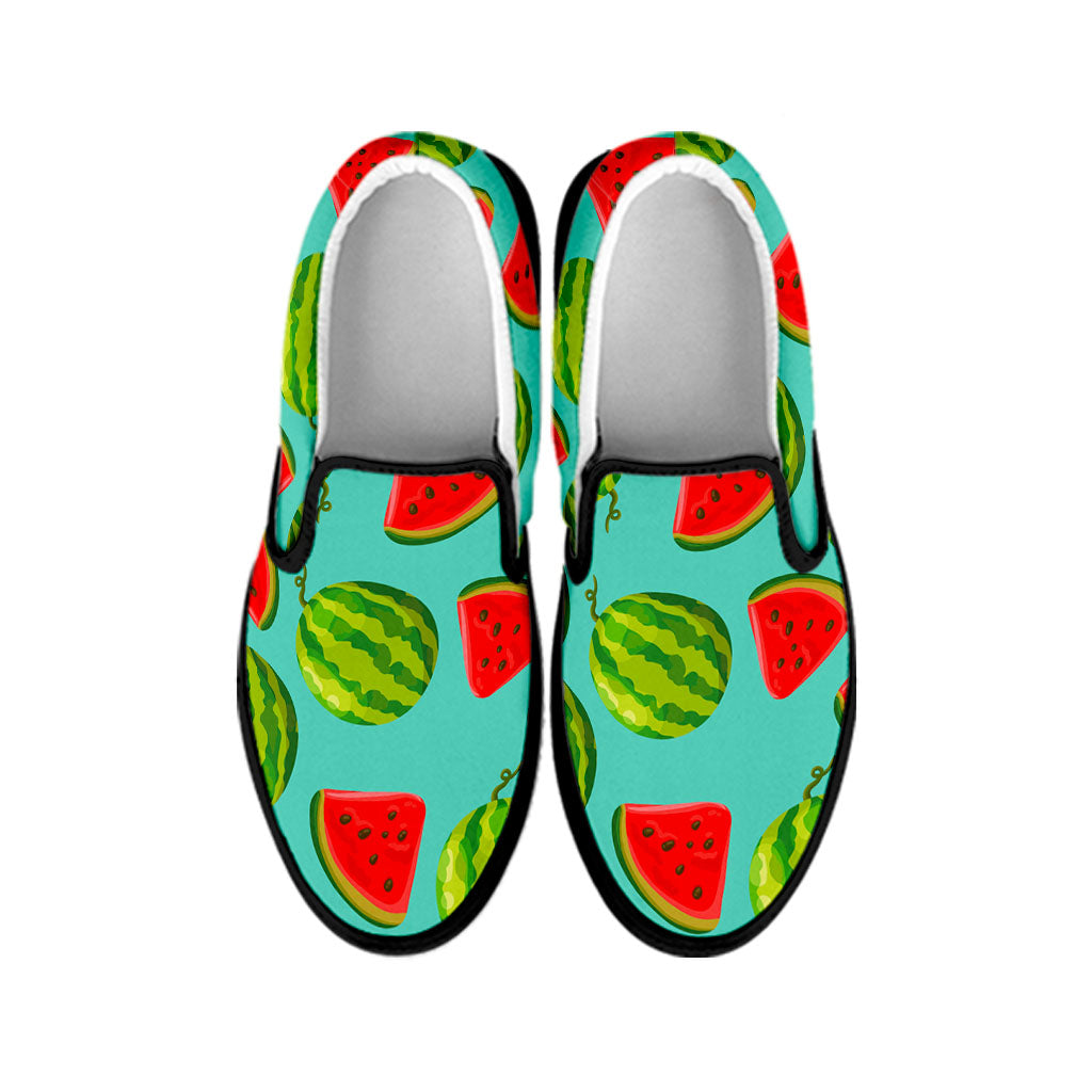 Blue Summer Watermelon Pattern Print Black Slip On Sneakers