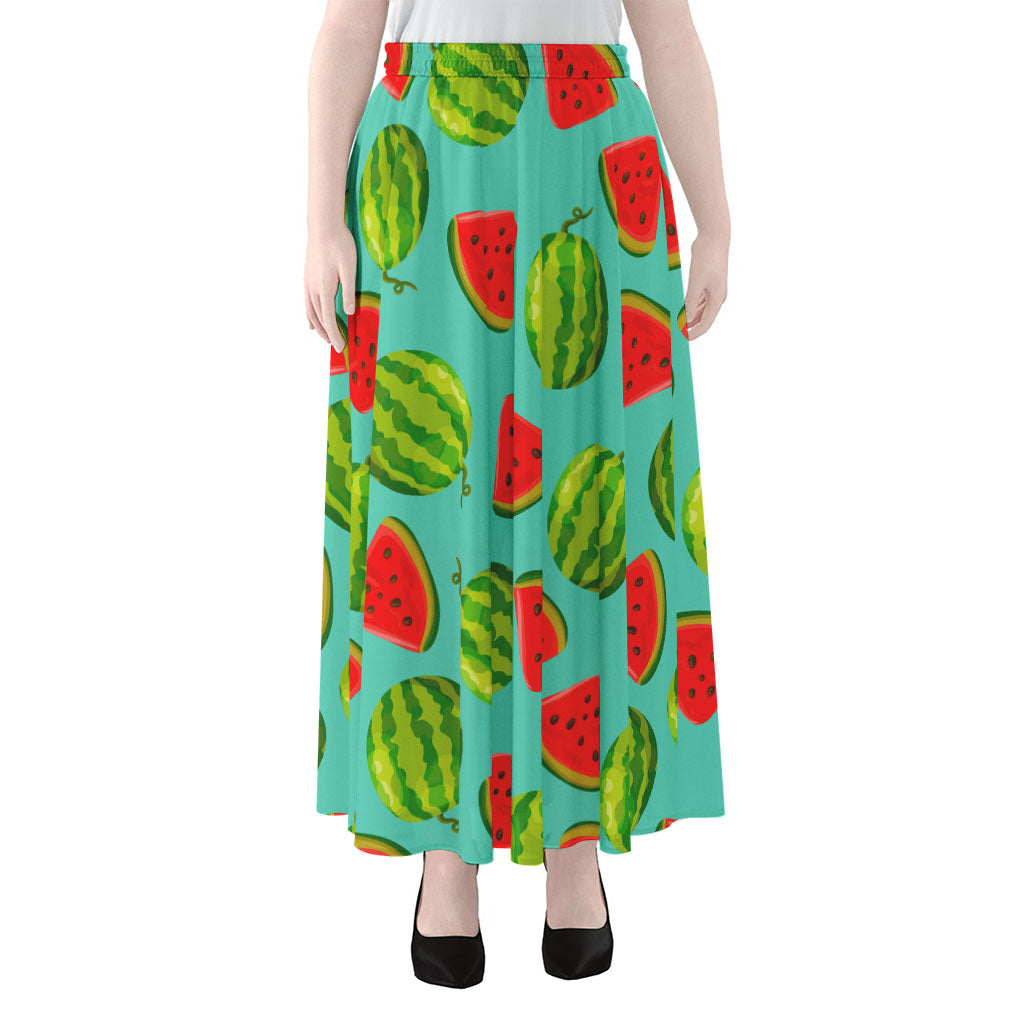 Blue Summer Watermelon Pattern Print Chiffon Maxi Skirt