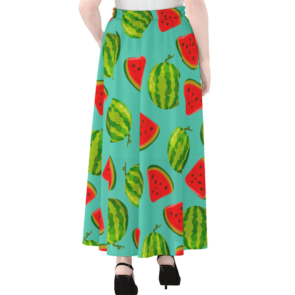 Blue Summer Watermelon Pattern Print Chiffon Maxi Skirt