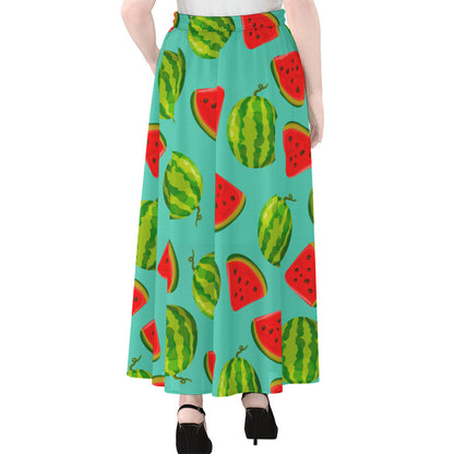 Blue Summer Watermelon Pattern Print Chiffon Maxi Skirt