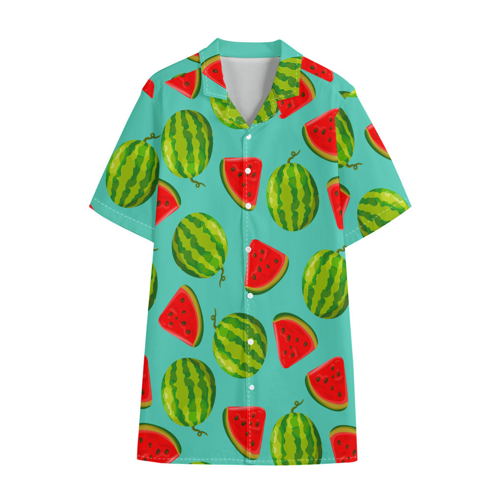 Blue Summer Watermelon Pattern Print Cotton Hawaiian Shirt