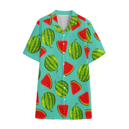 Blue Summer Watermelon Pattern Print Cotton Hawaiian Shirt