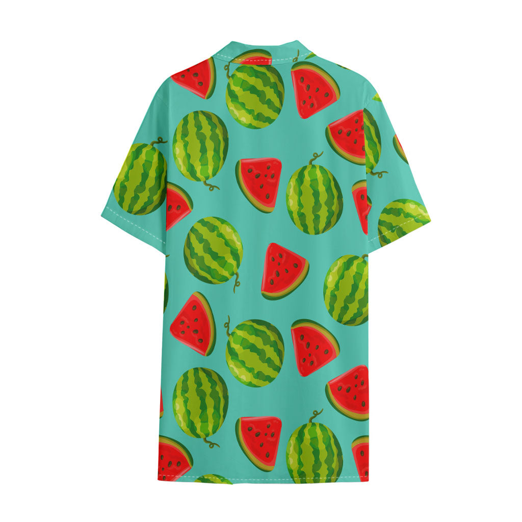 Blue Summer Watermelon Pattern Print Cotton Hawaiian Shirt