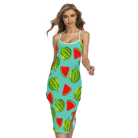 Blue Summer Watermelon Pattern Print Cross Back Cami Dress