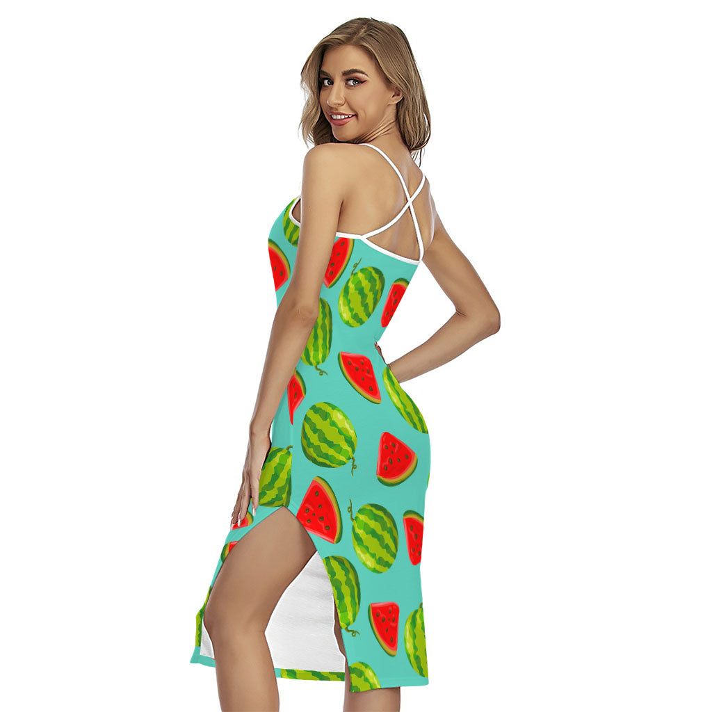 Blue Summer Watermelon Pattern Print Cross Back Cami Dress