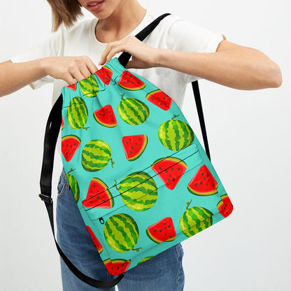 Blue Summer Watermelon Pattern Print Drawstring Backpack