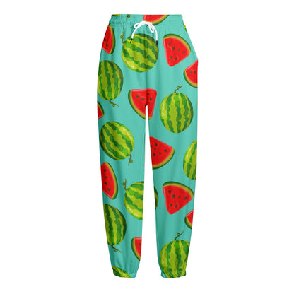 Blue Summer Watermelon Pattern Print Fleece Lined Knit Pants