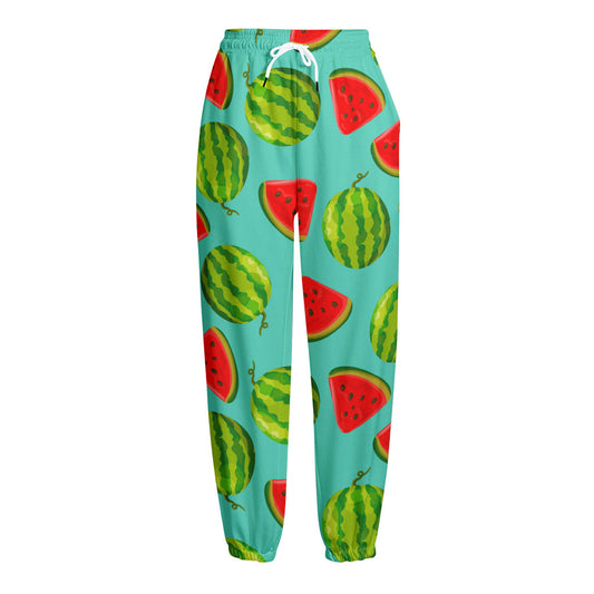 Blue Summer Watermelon Pattern Print Fleece Lined Knit Pants