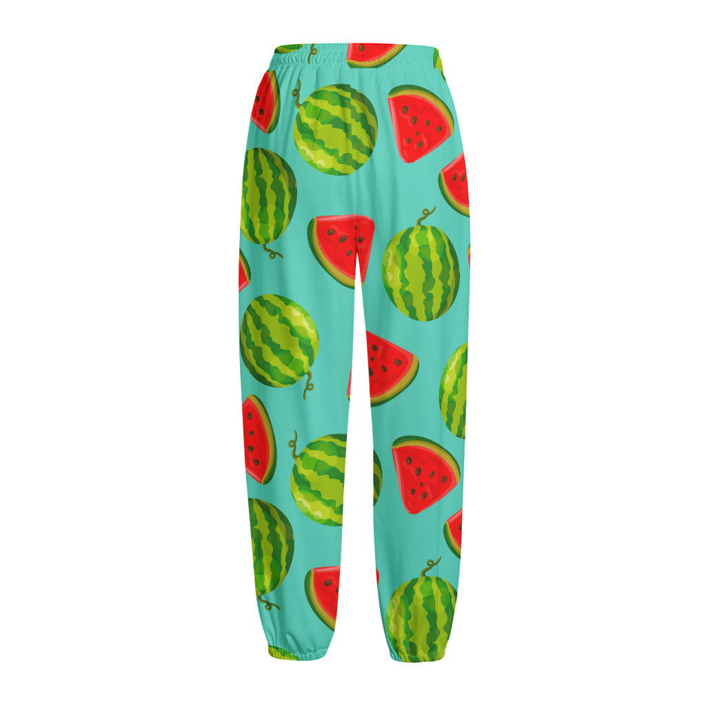 Blue Summer Watermelon Pattern Print Fleece Lined Knit Pants