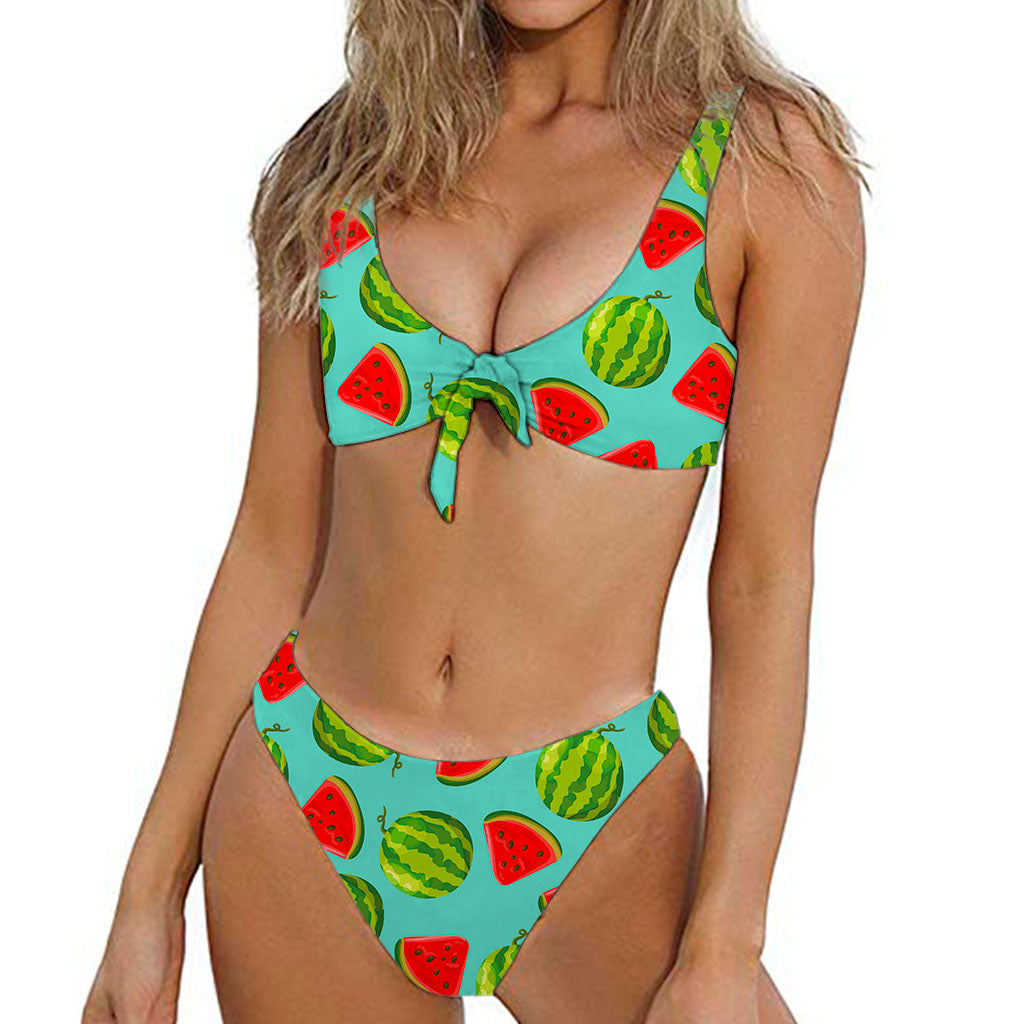 Blue Summer Watermelon Pattern Print Front Bow Tie Bikini