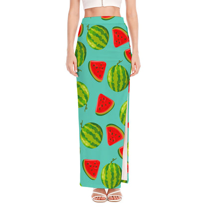 Blue Summer Watermelon Pattern Print High Slit Maxi Skirt