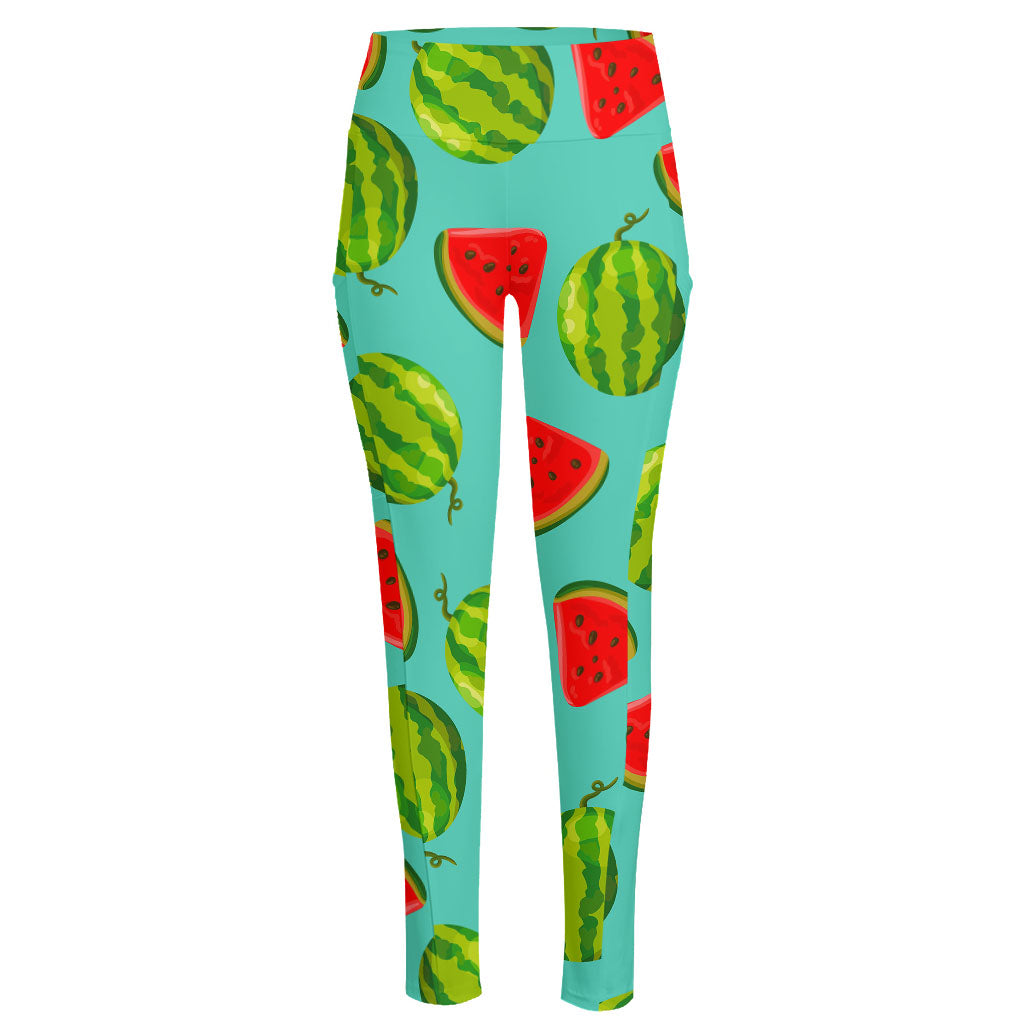 Blue Summer Watermelon Pattern Print High-Waisted Pocket Leggings