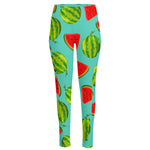 Blue Summer Watermelon Pattern Print High-Waisted Pocket Leggings