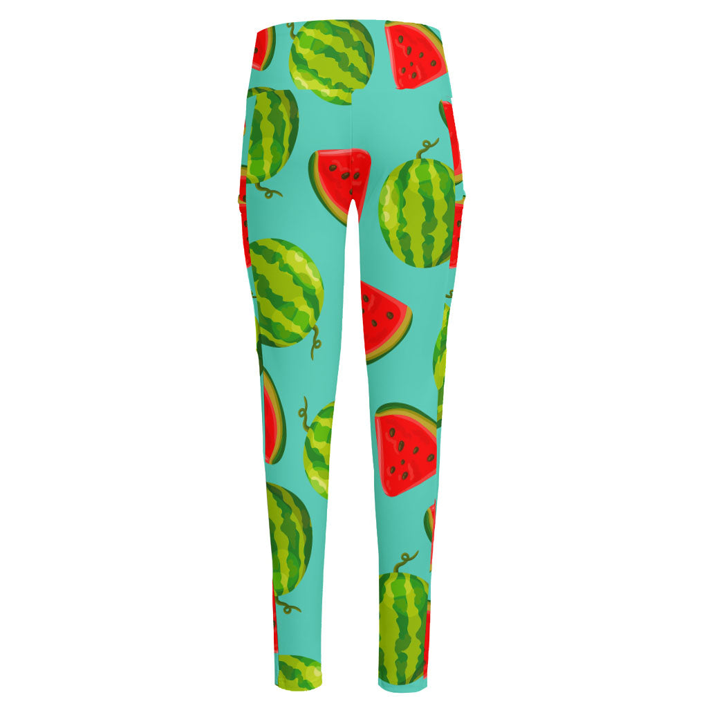 Blue Summer Watermelon Pattern Print High-Waisted Pocket Leggings
