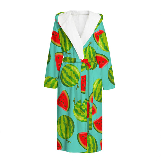 Blue Summer Watermelon Pattern Print Hooded Bathrobe