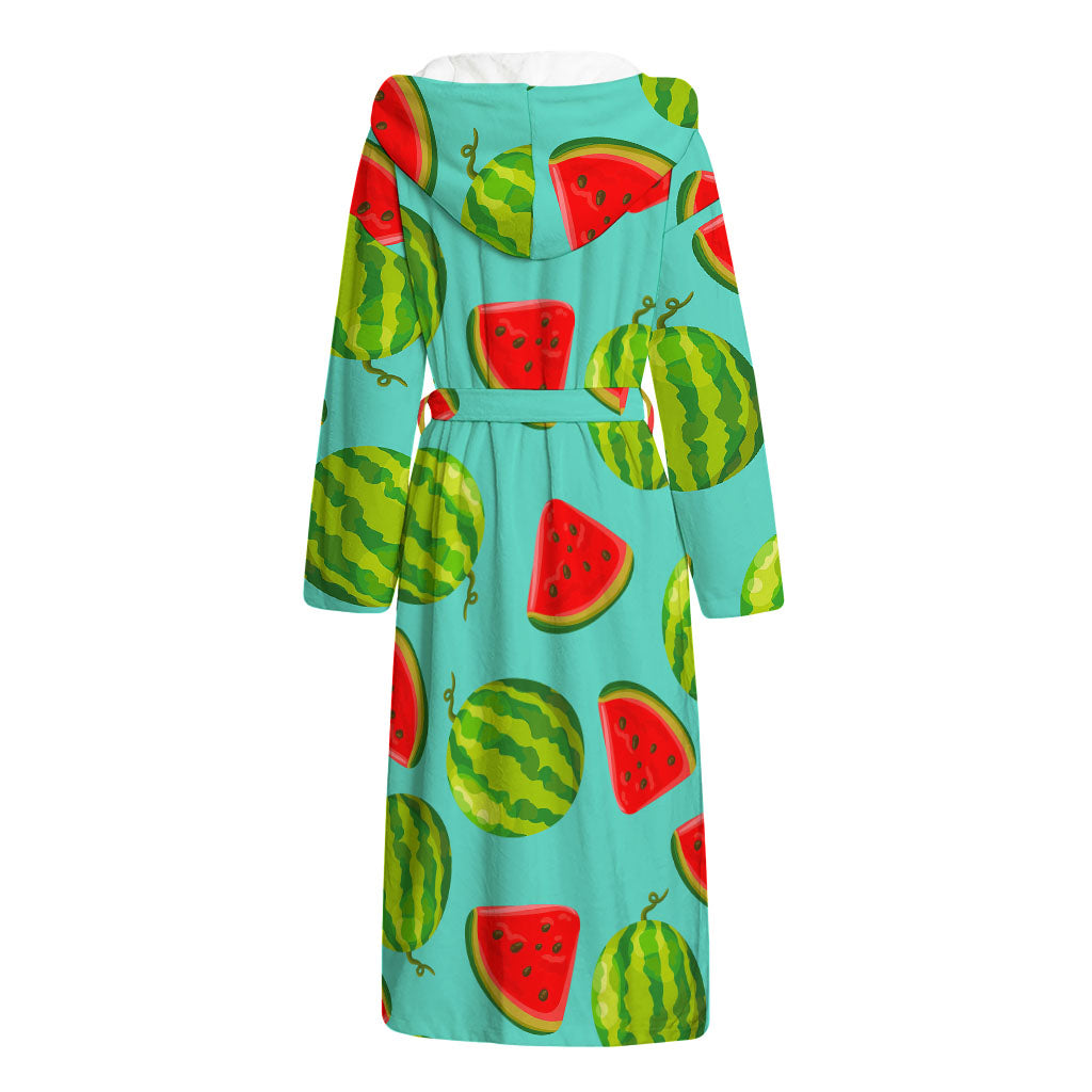 Blue Summer Watermelon Pattern Print Hooded Bathrobe