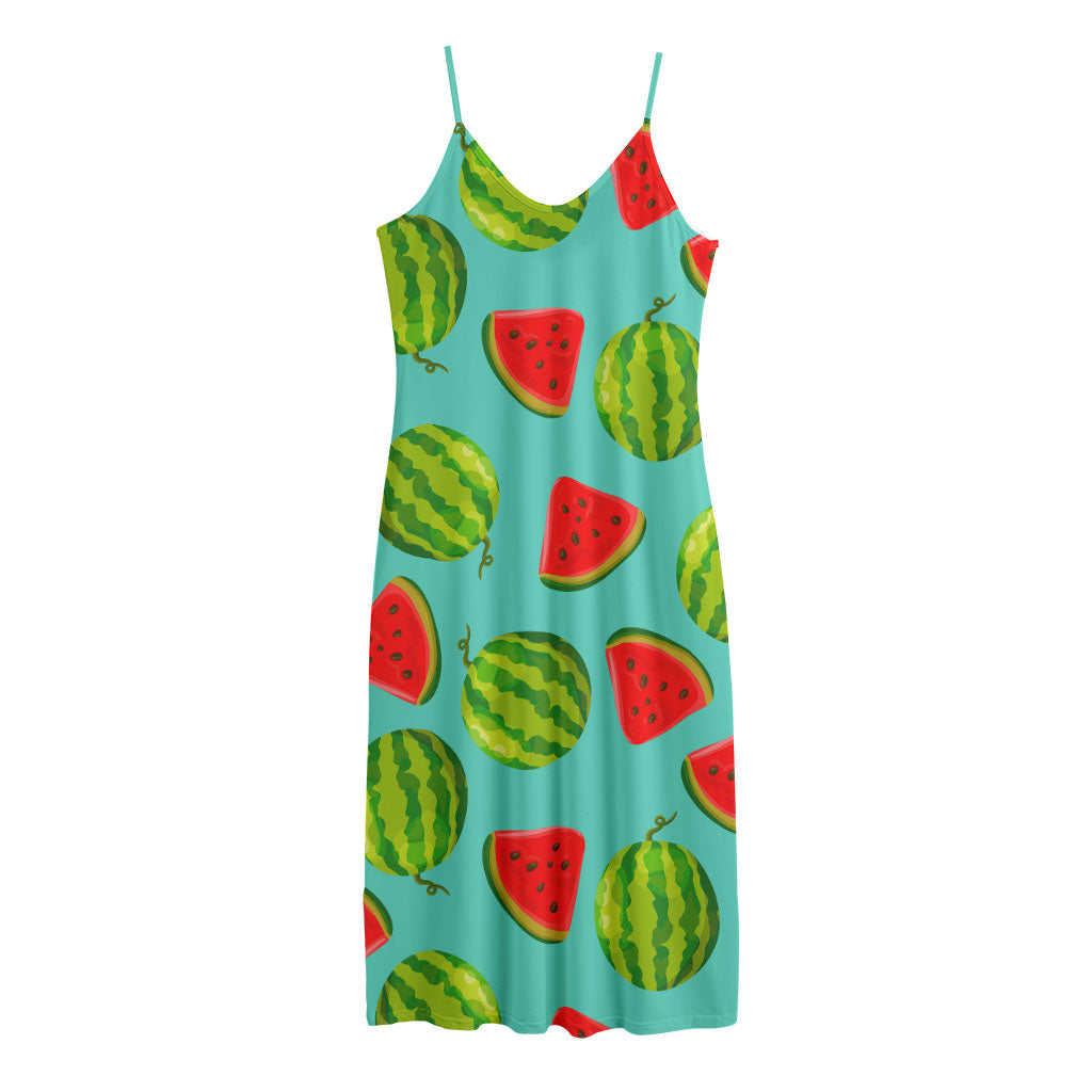 Blue Summer Watermelon Pattern Print Jersey Midi Cami Dress