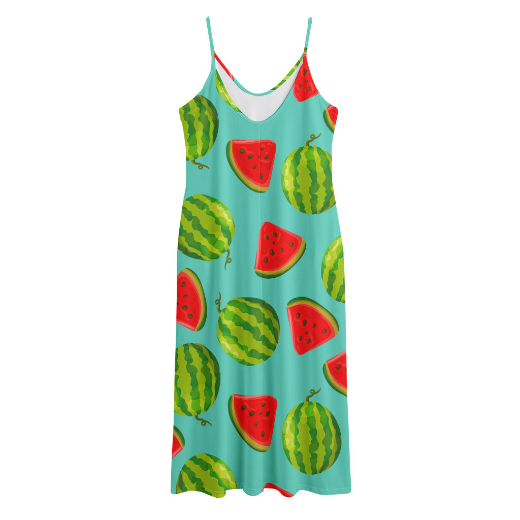 Blue Summer Watermelon Pattern Print Jersey Midi Cami Dress