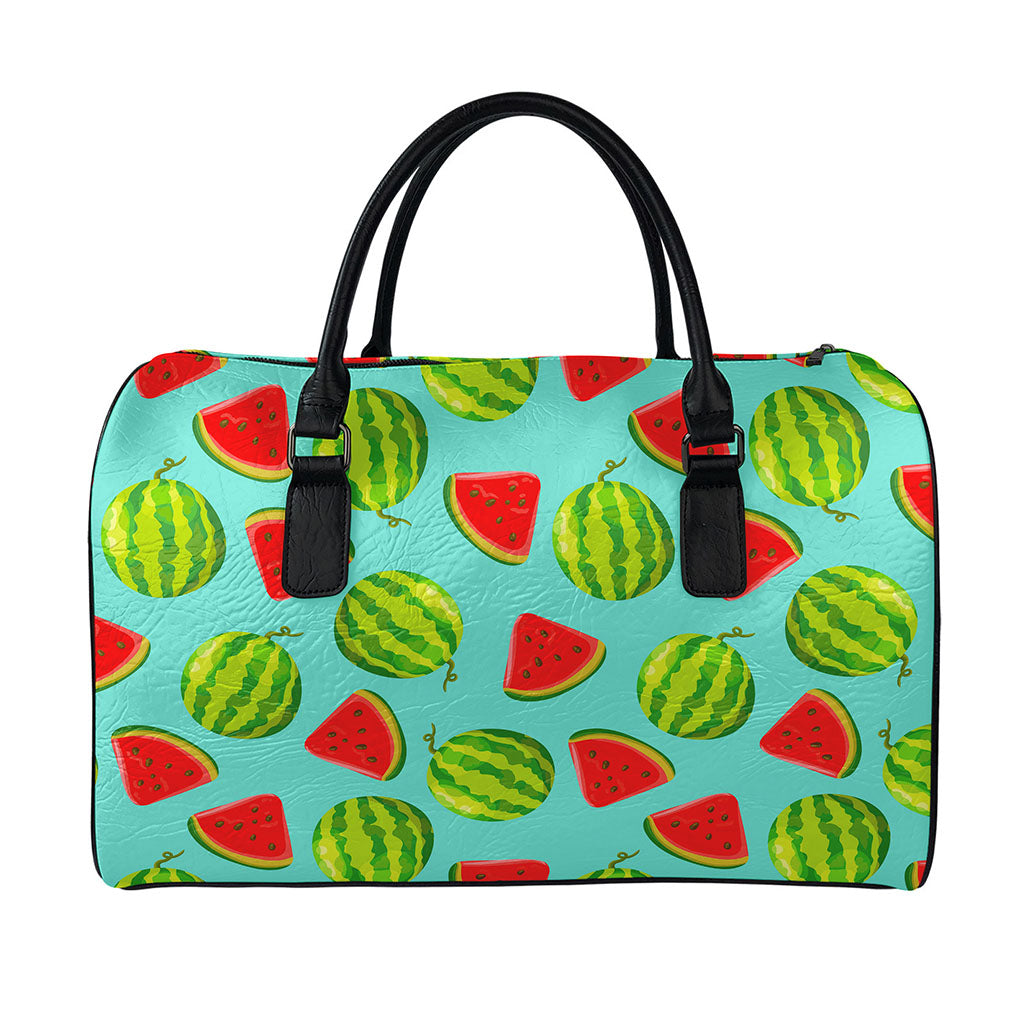 Blue Summer Watermelon Pattern Print Leather Duffle Bag