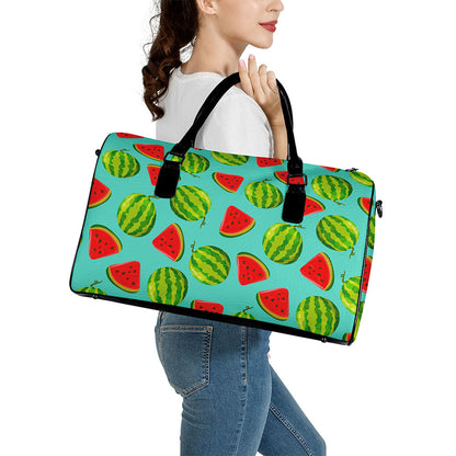 Blue Summer Watermelon Pattern Print Leather Duffle Bag