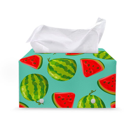Blue Summer Watermelon Pattern Print Leather Tissue Box Cover