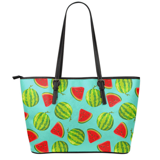 Blue Summer Watermelon Pattern Print Leather Tote Bag