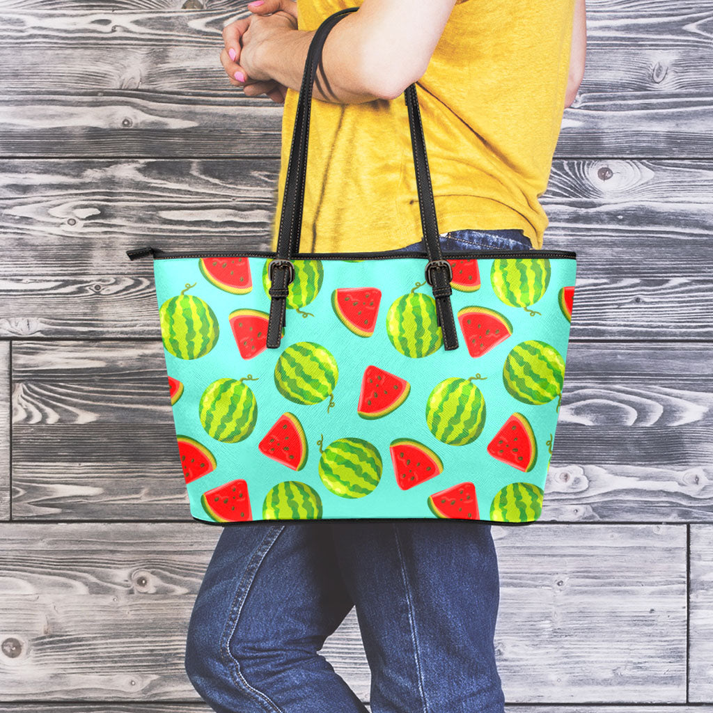 Blue Summer Watermelon Pattern Print Leather Tote Bag