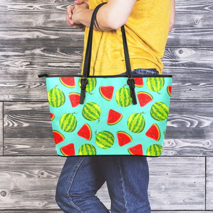 Blue Summer Watermelon Pattern Print Leather Tote Bag
